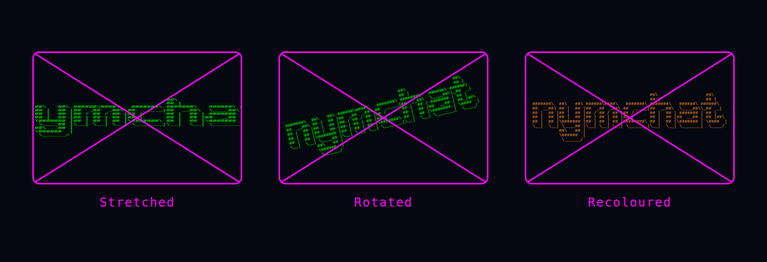 Three crossed-out examples of the Nymchat wordmark: stretched horizontally, rotated, and recolored orange.