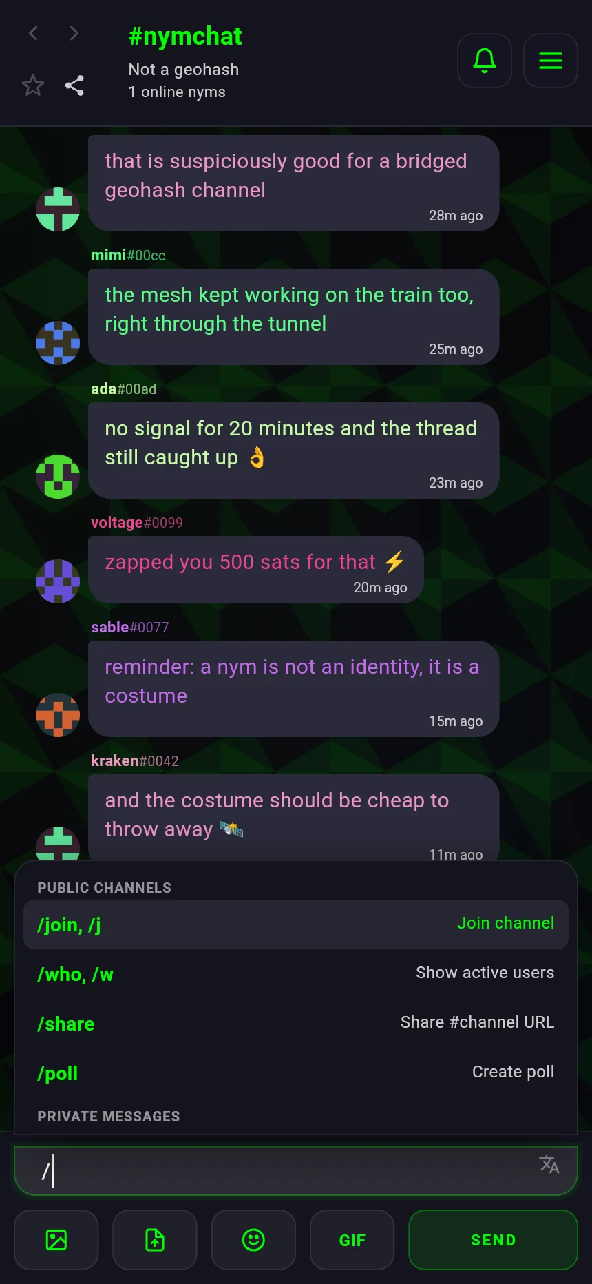 Typing a slash in the Nymchat composer opens a command menu listing join, who, share and poll, each with a one-line description.
