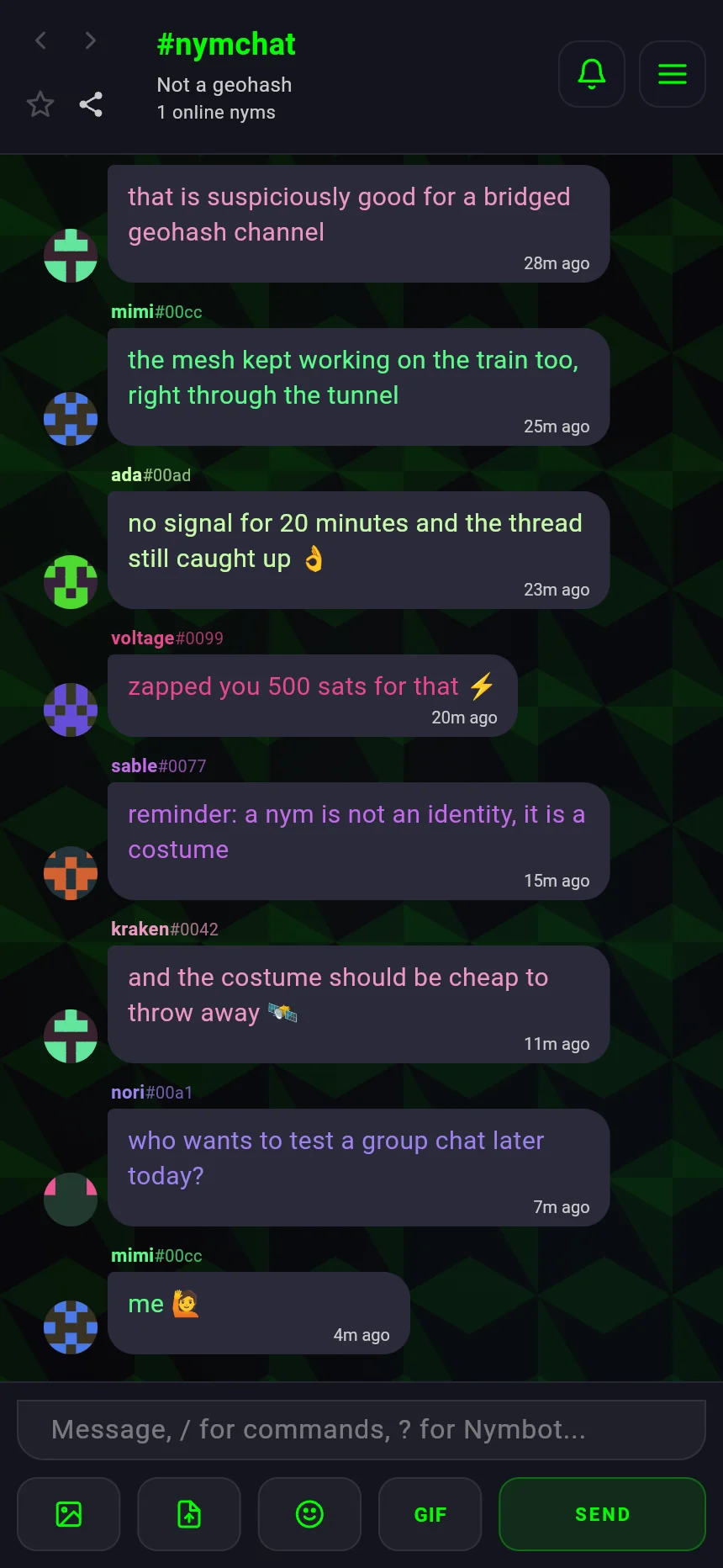 The Nymchat settings screen, showing the language picker, the light and dark mode buttons, the theme picker, the chat view choice and the wallpaper options.