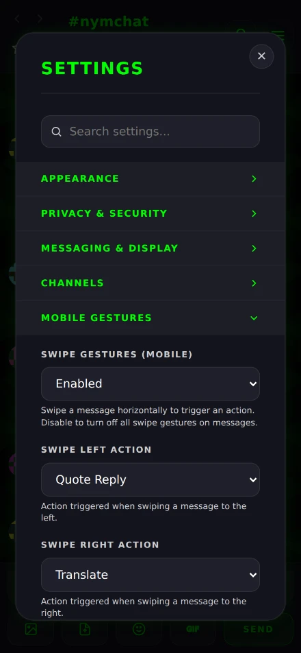 The Mobile Gestures settings section on a phone, with swipe actions and sensitivity.
