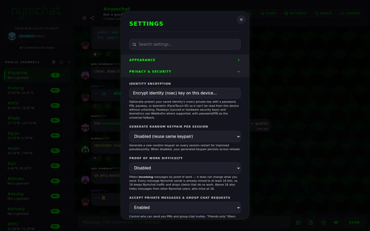 The Privacy and Security settings section, with Identity Encryption at the top.
