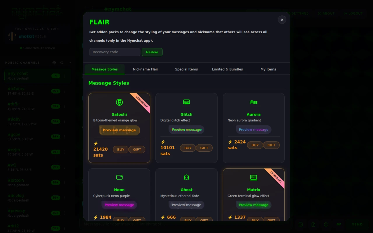 The Nymchat flair shop, showing message style cards with previews, prices in sats and Buy and Gift buttons.