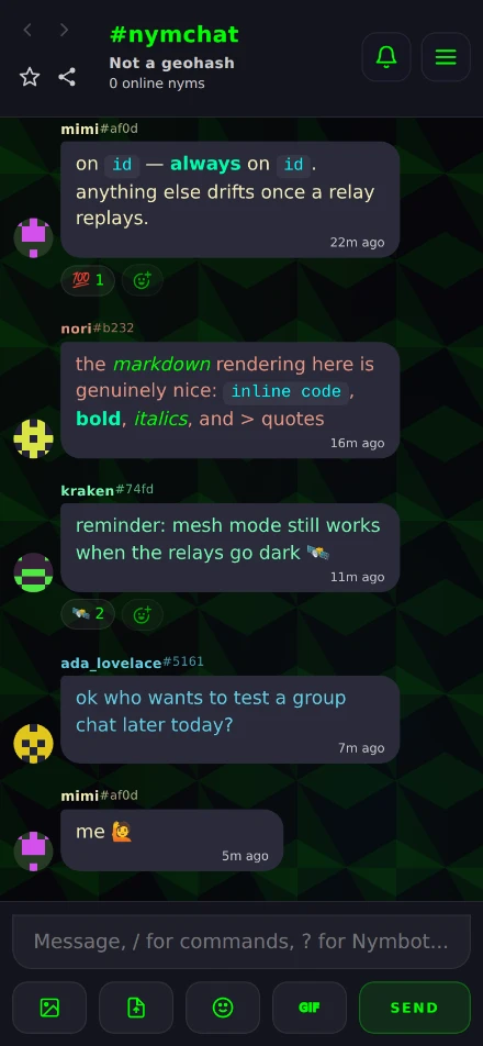 The Bitchat Multicolor theme, with each nym in its own color.