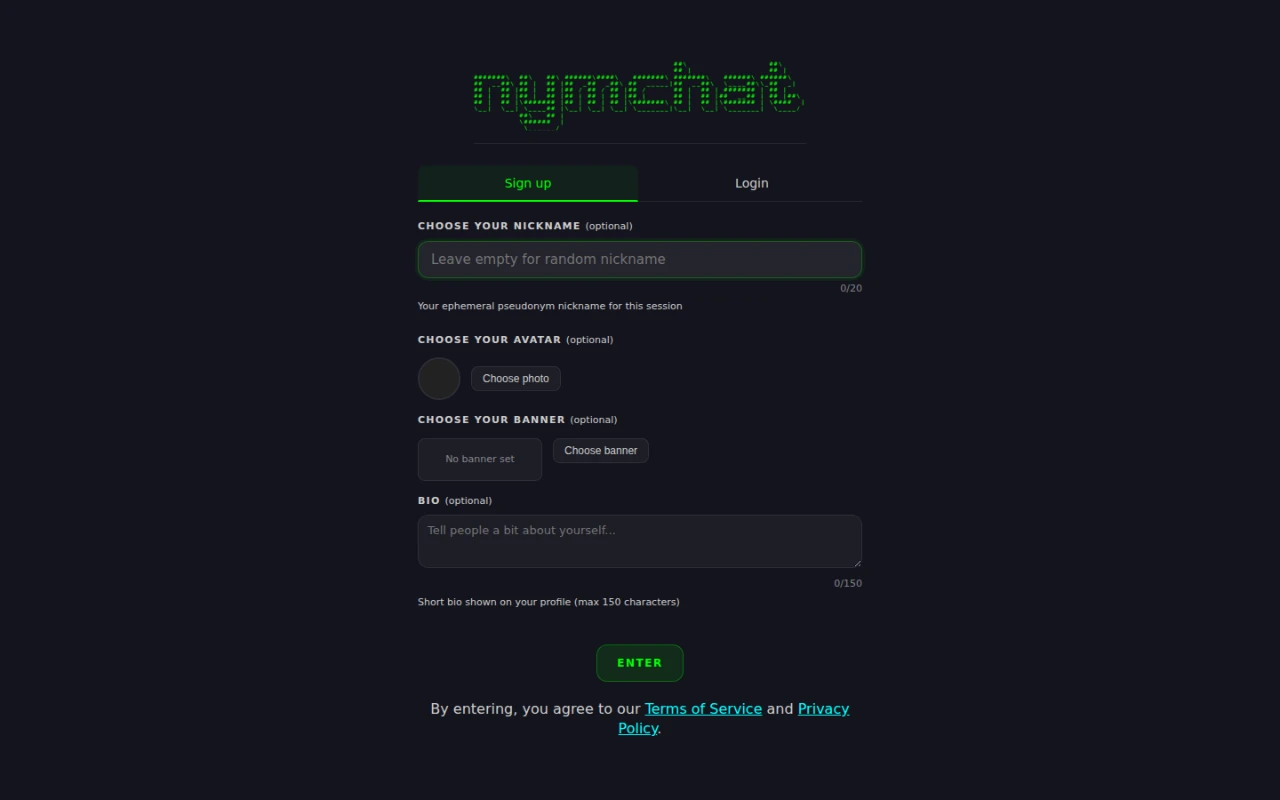 The Nymchat welcome screen, with Sign up and Login tabs, and fields for a nickname, avatar, banner and bio.
